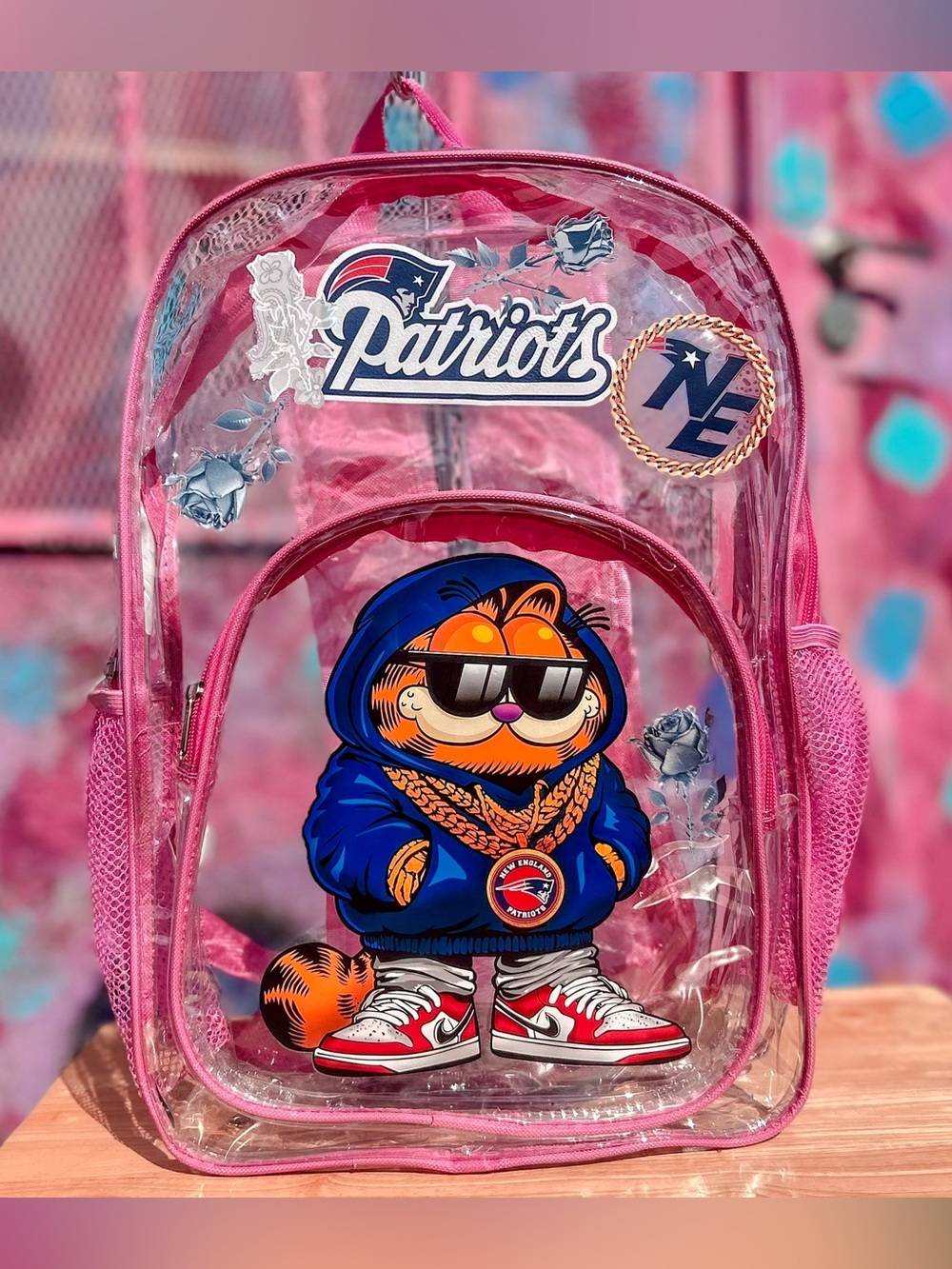 NEW ENGLAND Football (Garfield) Clear Backpack 15” - Pink